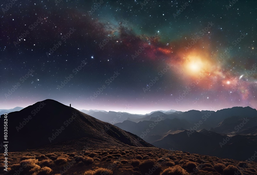 Wall mural AI generated illustration of a man on mountain peak with Milky Way backdrop