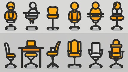 A set of 10 office chair icons. The icons are in a simple, outline style and are available in various colors.