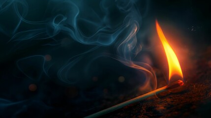 Burning matchstick with smoke on a dark background.