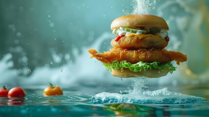 A crispy chicken burger with lettuce and sauce, presented with a dynamic splash of water,...