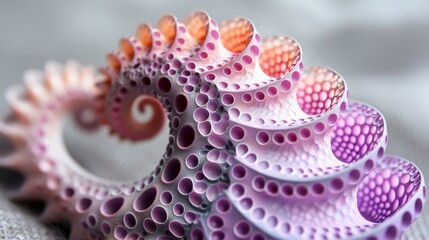 Detailed view of a spiral seashell with pink and purple hues