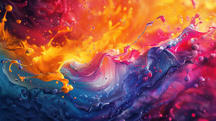 A vibrant and chaotic abstract artwork, with colors splashing and colliding in a stunning display.
