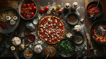 A rustic kitchen table laden with ingredients and cookware, featuring a freshly made pizza, pasta, tomatoes, herbs, and assorted spices for an Italian feast.