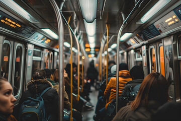 A person commuting to work on a crowded subway train.


