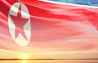 North Korea national flag waving in the sky.