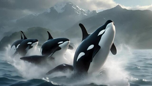 A computer-generated animation depicting a group of killer whales searching for food in the vast expanse of the ocean