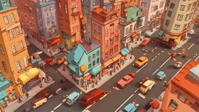A bustling cityscape serves as the backdrop for this cartoon motion background, featuring animated characters in action