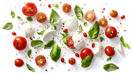A selection of fresh ingredients including tomatoes, basil leaves, mozzarella cheese with sprinklings of spices, likely prepared for a Caprese salad, on a white surface.