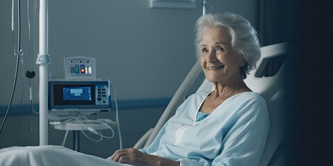 Woman Smiles in Dimly Lit Hospital Room, Sporting Blue Hospital Gown