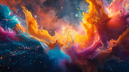 A vibrant and chaotic abstract artwork, with colors splashing and colliding in a stunning display.