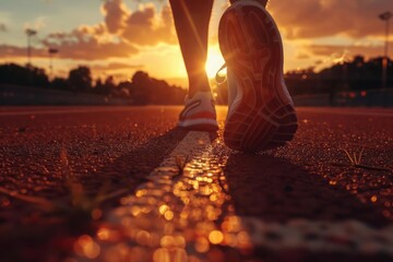 Running shoe of athletic runner training in stadium at sunset, preparing for sports competition, Summer Olympic games in Paris, France