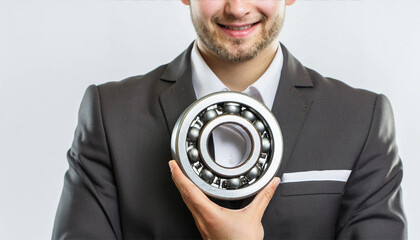 Businessman holding a bearing; automotive and industrial equipment application