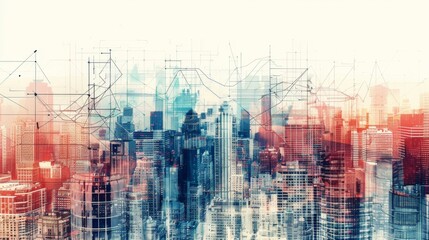 Abstract cityscape with overlay of financial graphs, symbolizing economic activity, stock market data, or business analytics in an urban setting.