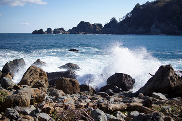 Fototapeta na wymiar The sea, the shore, and the spray of waves