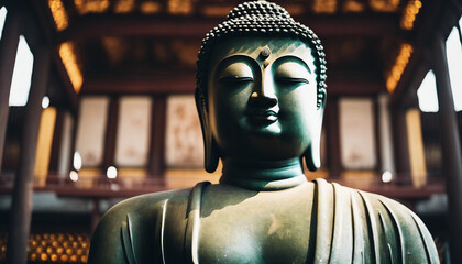 the great Buddha statue in the temple 
