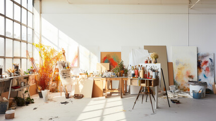 Artistic studio with various creators and bright paint splashes.