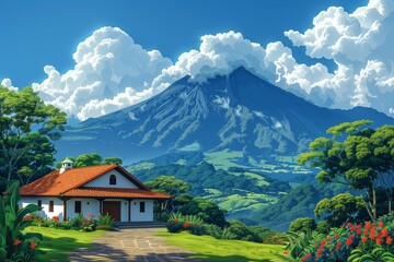 Artistic vector portrayal of Arenal Volcano featuring a quaint house, showcasing Costa Rica's charm. AI Generated
