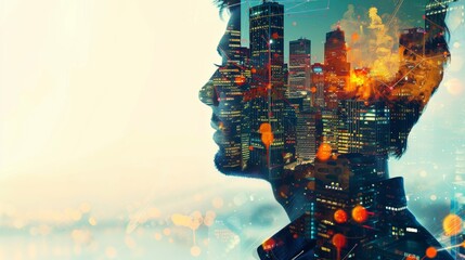 Composite image merging a man's silhouette with a cityscape, symbolizing the fusion of human thought and urban development with a digital, futuristic overlay.