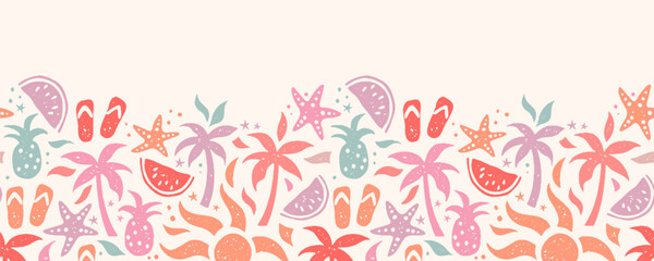 Fun hand drawn summer seamless pattern, cute doodles like palm trees and pineapples, great for textiles, banners, wallpapers, wrapping - vector design