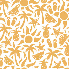 Fun hand drawn summer seamless pattern, cute doodles like palm trees and pineapples, great for textiles, banners, wallpapers, wrapping - vector design