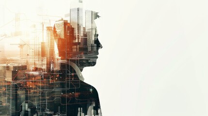 A digital composite image blending the silhouette of a human profile with a cityscape, symbolizing a fusion of human intelligence and urban development.