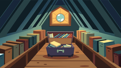 Fototapeta premium The attic of an old antique shop reveals a dusty trunk filled to the brim with forgotten record sleeves each one a treasure waiting to be discovered. Vector illustration