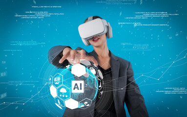Project manager using visual reality goggle while holding AI generative. Businesswoman looking at...