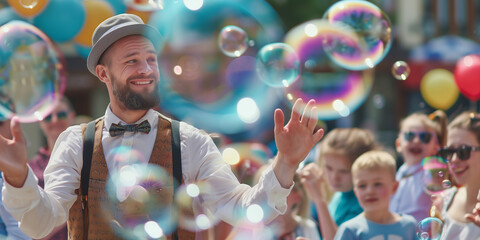 Street performer entertaining the crowd of kids by blowing soap bubbles on sunny summer day. Children playing with colorful soap bubbles floating in the foreground.