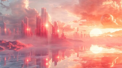 AI generated illustration of a futuristic cityscape with glowing clouds