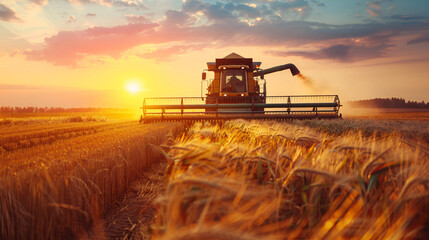 sunset over a wheat field with a combine harvester at work.