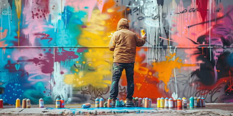 Naklejka premium Street artist spray-painting a mural on a city wall, with cans of paint scattered around and pedestrians stopping to watch.
