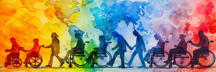Colorful art watercolor painting depicts a diverse group of International Day of Disabled Persons, disability day, world on the wheelchair wheel, Autistic Awareness Day, healthcare concept