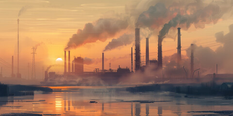 Scenic landscape with steaming factory chimneys in sunrise light in foggy morning. Industrial landscape with smokestack at sunset. - obrazy, fototapety, plakaty