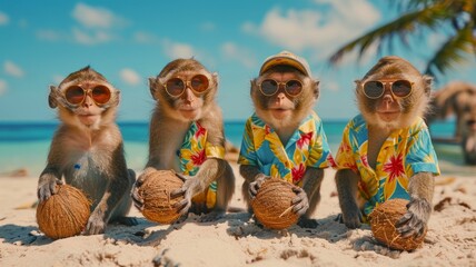monkeys in Hawaiian shirts, beach shorts, sunglasses, baseball caps play beach volleyball with...