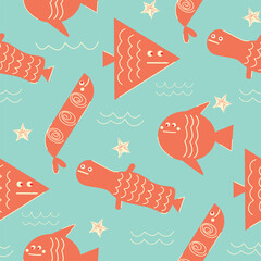 Seamless pattern with cartoon red geometric fish and jellyfish on a blue background vector illustration