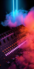 DJ mixer in blue and pink smoke under neon lights, suggesting a vibrant party setting.