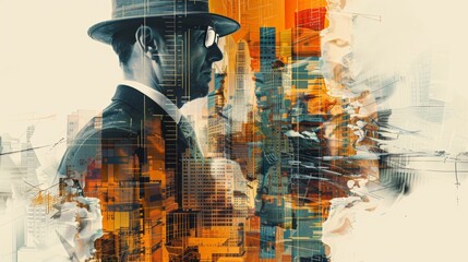 Artistic representation of a man in a hat overlayed with abstract urban skyscrapers in orange and teal hues, blending modernity with a classic silhouette.