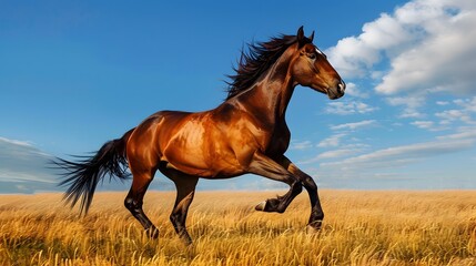 an awe-inspiring portrait of a horse in motion, its mane flowing in the wind as it gallops across a vast, open field under the clear blue sky.