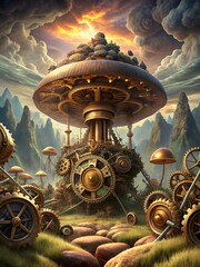 a picture of a mushroom with a steam engine on it.