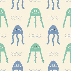 Seamless pattern with cartoon blue jellyfish and waves on a white background vector illustration
