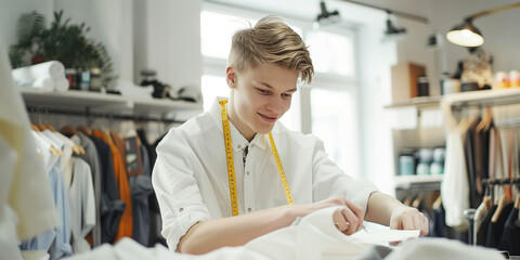 Young tailor in their shop working on a garment with measuring tape around their neck and a gentle smile, in bright white modern interior.