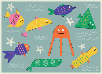 Set of funny cartoon flat geometric fish and jellyfish vector illustration
