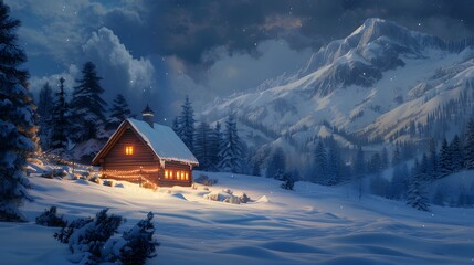 a cozy wooden cabin sits nestled in a blanket of fresh powder, its warm lights beckoning travelers from afar. Marvel at the winter wonderland in stunning ultra HD - Powered by Adobe