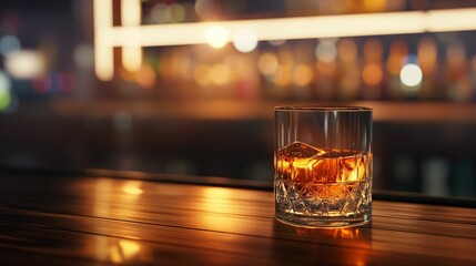 A single glass of whiskey filled with ice, sitting on a wooden bar counter.