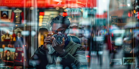 Obraz premium Street photographer capturing the essence of urban life, his reflection seen in a store window amidst the citys hustle and bustle.