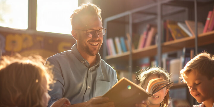 Handsome professional male teacher of nursery school or kindergarten reading a book to a group of little learners.