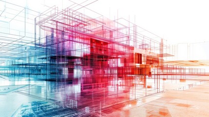 A conceptual digital illustration of architectural blueprints with an overlaid transparent colorful building design, suggesting a blend of planning and finished structure.