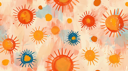 celestial suns, pantone peach fuzz, all in the center of the canvas, minimal design in gouache paint, simple colors - Seamless tile. Endless and repeat print.