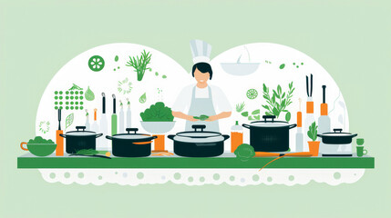 Culinary influencer cooking with pot and utensil icons around