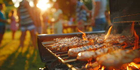 Group of cheerful young friends having a backyard barbecue party, grilling meat, drinking beer and relaxing on a sunny summer day outdoors. - Powered by Adobe